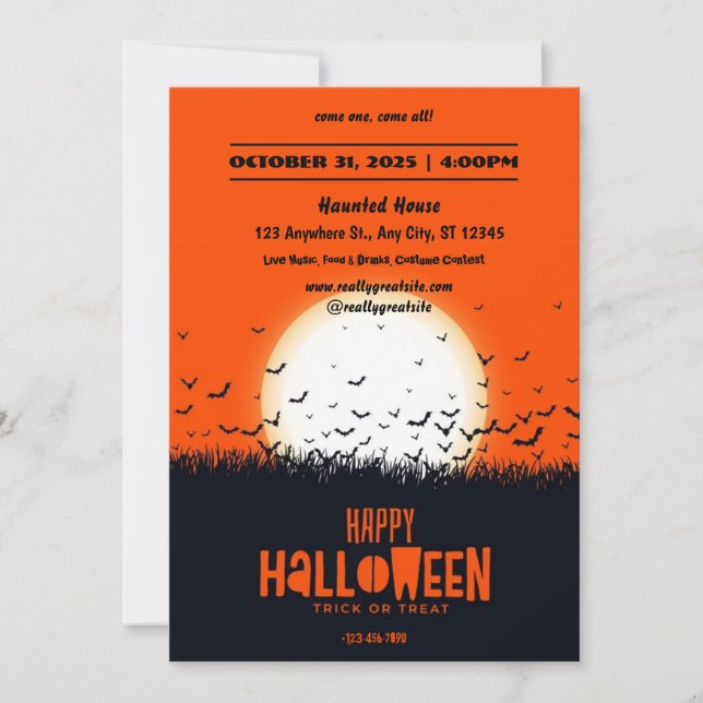 Invitación a la fiesta de Halloween negro y Naranj (Anverso)