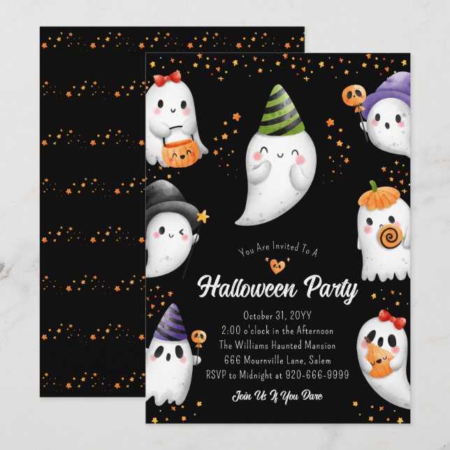 Invitación a la fiesta de Halloween para niños peq (Anverso / Reverso)