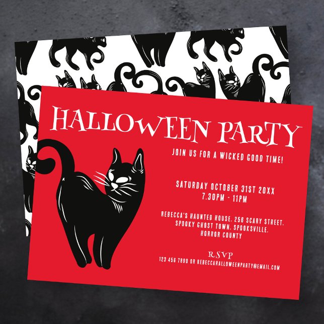 Invitación a la fiesta de Halloween rojo de gato n (Subido por el creador)