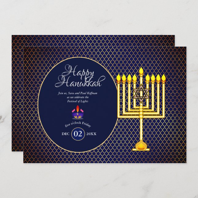Invitación a la fiesta de Hanukkah Menorá azul dor (Anverso / Reverso)