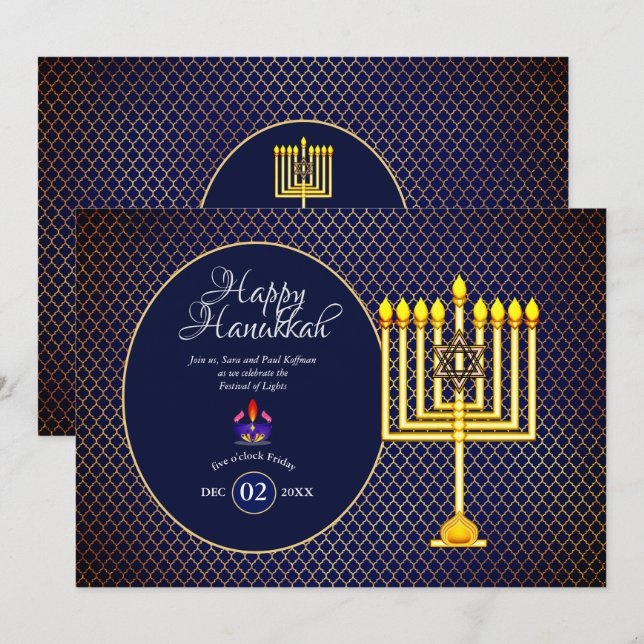 Invitación a la fiesta de Hanukkah Menorah azul do (Anverso / Reverso)
