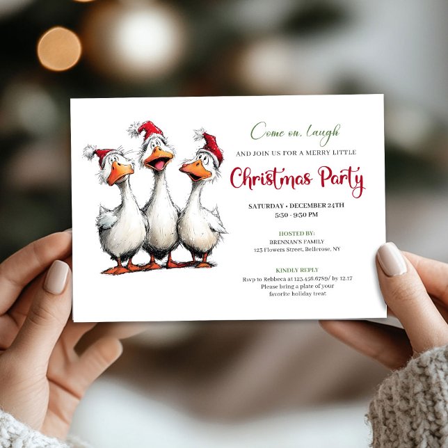 Invitación a la Fiesta de Humor Juguetón y Extraño (Christmas Quirky Geese Playful Humor Party Invitation)