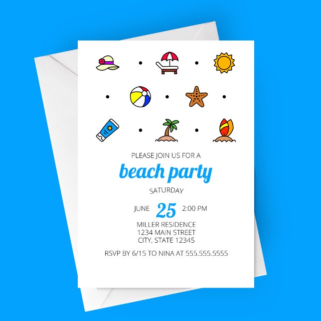 Invitación a la fiesta de iconos de playa (Minimalist Modern Beach Line Icons Beach Party Invitation)