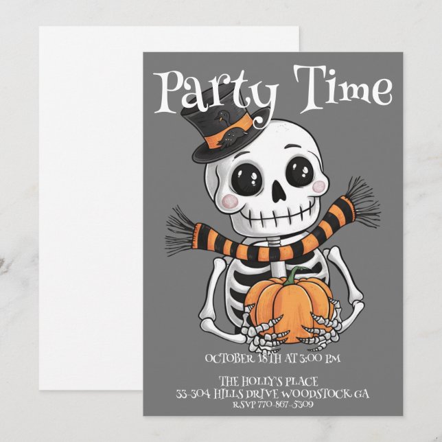 Invitación a la fiesta de Ilustracion Cute Skeleto (Anverso / Reverso)