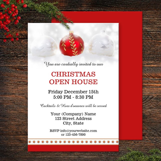 Invitación a la fiesta de inauguración de Navidade (Traditional Christmas party or open house invitation featuring festive Christmas baubles and stars)