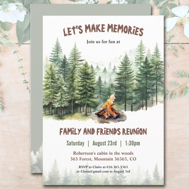 Invitación a la fiesta de incendios forestales en  (Family Reunion Forest Campfire Invitation)