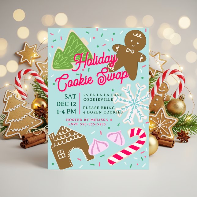 Invitación a la fiesta de intercambio de galletas  (Holiday Cookie Swap Party invitation, hand-drawn by Clearlytangled Studio.)