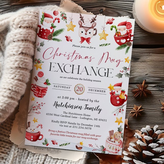 Invitación a la fiesta de intercambio de regalos d (Christmas Mug Gift Exchange Party Invitation)