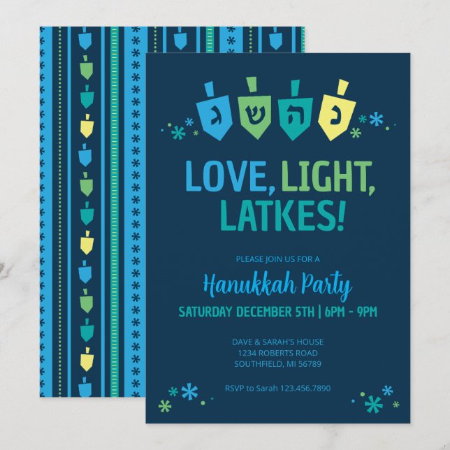 Invitación a la fiesta de Janucá de Love Light Lat (Anverso / Reverso)