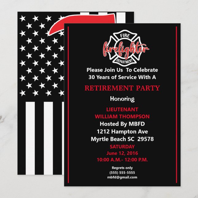 Invitación a la Fiesta de Jubilación para Bomberos (Anverso / Reverso)