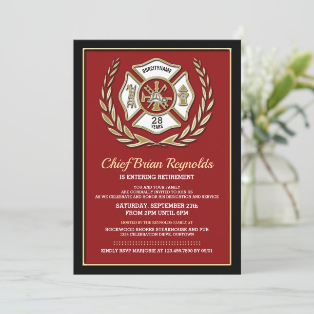 Invitación a la Fiesta de Jubilación para Bomberos (Anverso de pie)