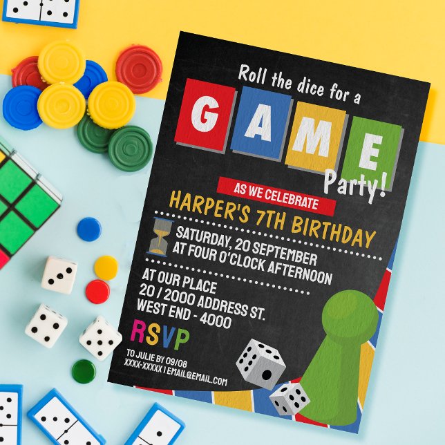Invitación a la fiesta de juegos de mesa (Board Game Party - Get ready to level up the celebration as we roll the dice, spin the spinner!)