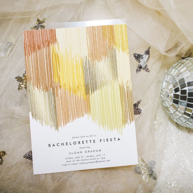 Invitación a la fiesta de la Bachelorette Fringe D (Golden yellow modern fringe bachelorette party invitation.)