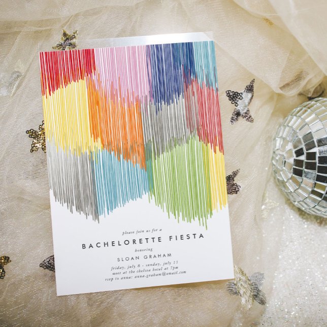 Invitación a la fiesta de la bachillerato en la fr (Colorful rainbow modern fringe bachelorette party invitation.)