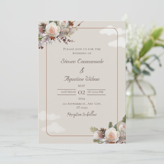 Invitación a la fiesta de la boda blanca marrón (Anverso de pie)
