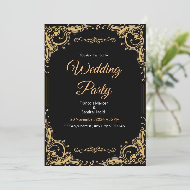 Invitación a la Fiesta de la Boda Elegante en Negr (Anverso de pie)