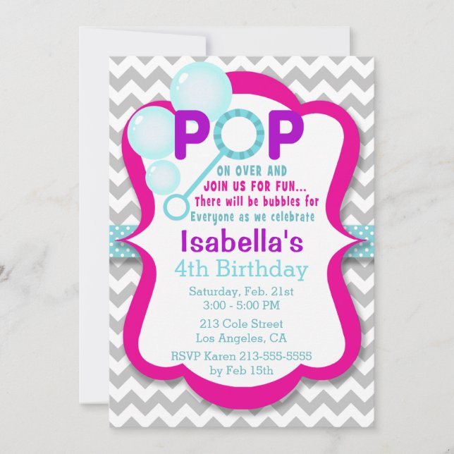 Invitación a la fiesta de la burbuja de cumpleaños (Anverso)