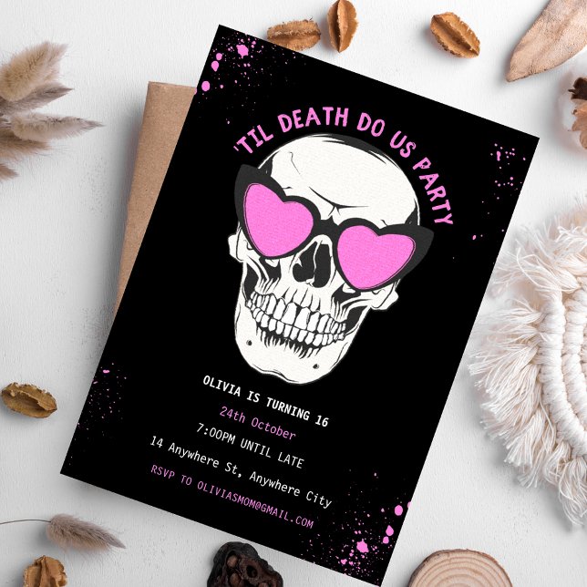 Invitación a la fiesta de la calavera negra y rosa (Black and Pink Skull Birthday Party Invitation)