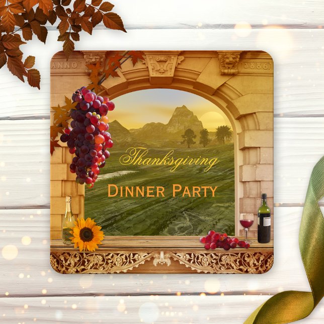 Invitación a la fiesta de la cena del Día del Vino (Thanksgiving dinner party invitation with wine theme and a painting of an Italian style landscape)