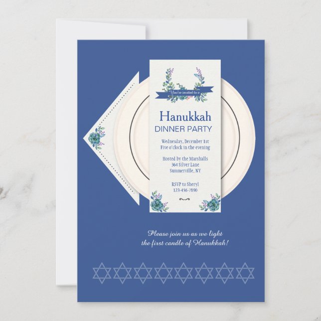 Invitación a la fiesta de la cena en Hanukkah (Anverso)
