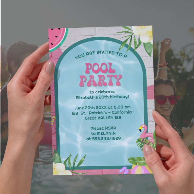 Invitación a la fiesta de la fiesta de la Piscina  (Palm Summer Blue Adult Pool Party Invitation)