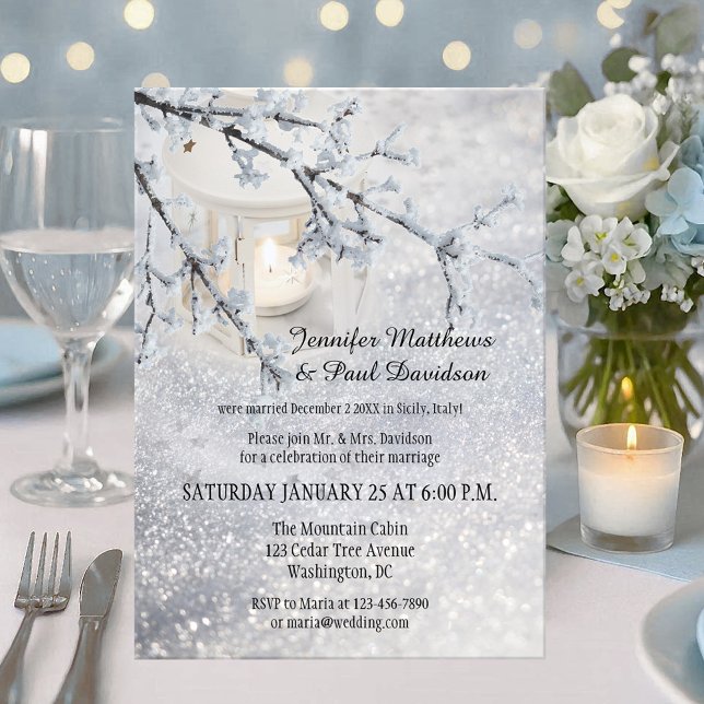 Invitación a la fiesta de la fiesta de la posboda  (Wedding reception only invitation showing a candle lit lantern in a winter scene with sparkling snow)