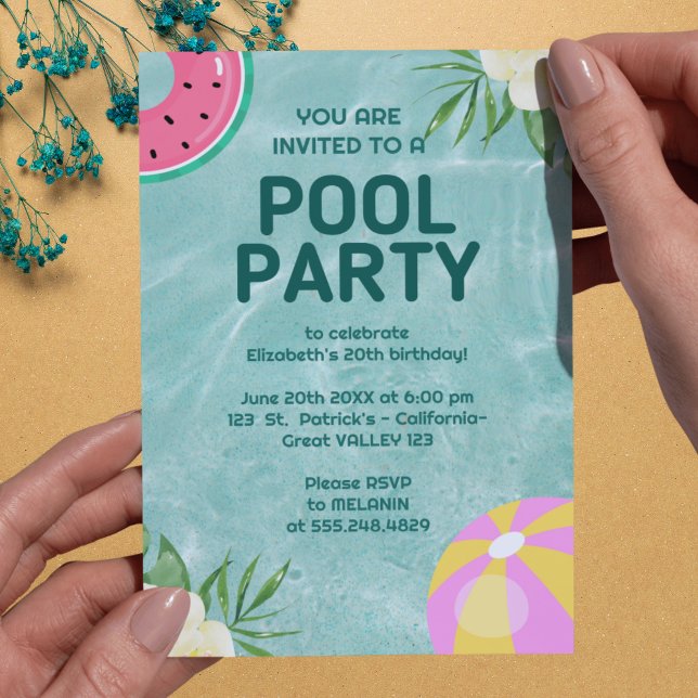 Invitación a la fiesta de la fiesta del grupo de a (Palm Springs Pool Party Blue Adult Birthday Invitation)