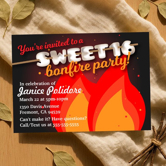 Invitación a la fiesta de la hoguera del marshmall (Marshmallow Sweet 16 Bonfire Party Invitation
)
