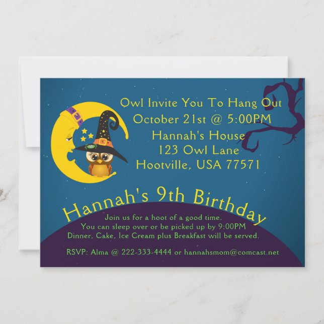 Invitación a la fiesta de la luna de búho de Hallo (Anverso)