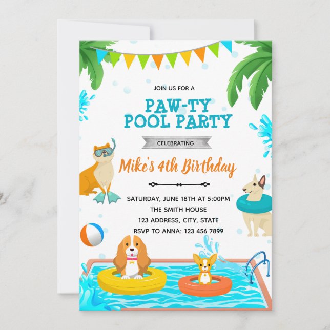 invitación a la fiesta de la piscina de cachorros (Anverso)