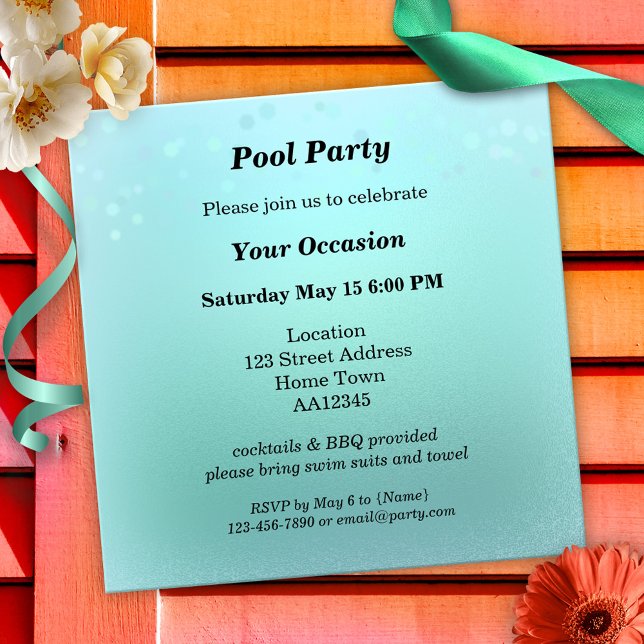 Invitación a la fiesta de la piscina de chispas Ve (Elegant invitation in aqua teal and marine blue with sparkling lights or bokeh - summer pool party)
