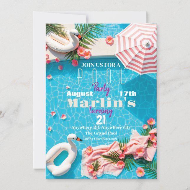 Invitación a la fiesta de la piscina de cumpleaños (Anverso)