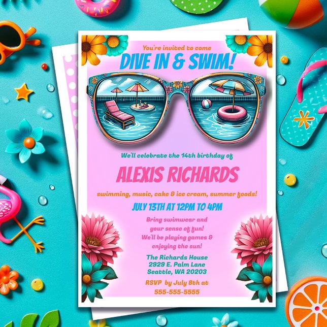 Invitación a la fiesta de la piscina de cumpleaños (Pink Summer Splash Birthday Pool Party Invitation)