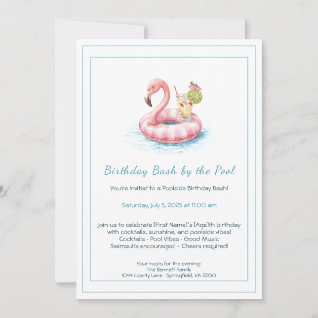 Invitación a la fiesta de la piscina de cumpleaños (Anverso)