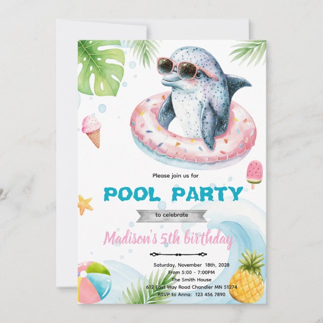 invitación a la fiesta de la piscina de delfines (Anverso)