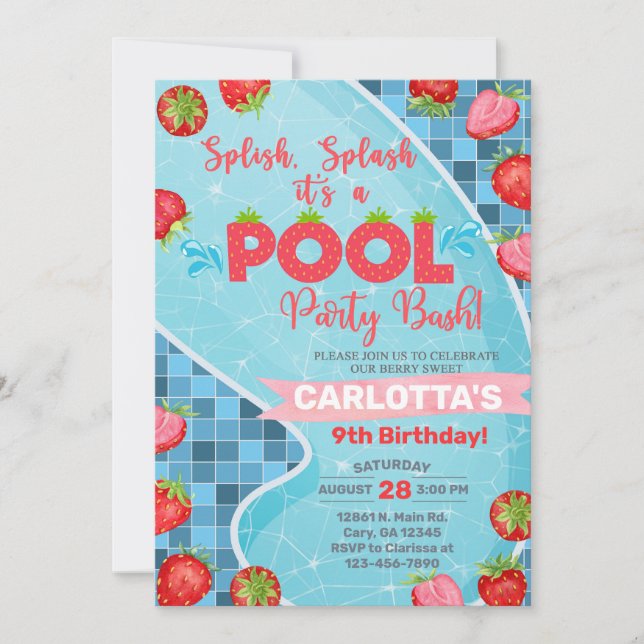 Invitación a la fiesta de la piscina de fresas sal (Anverso)