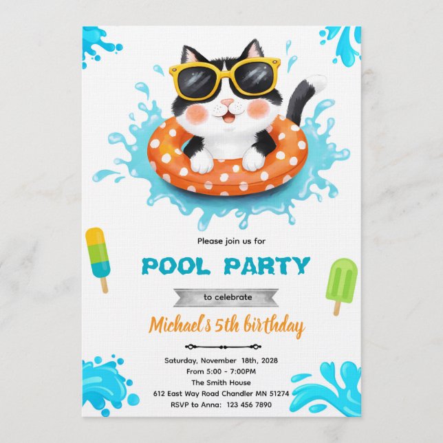 invitación a la fiesta de la piscina de gatos (Anverso)