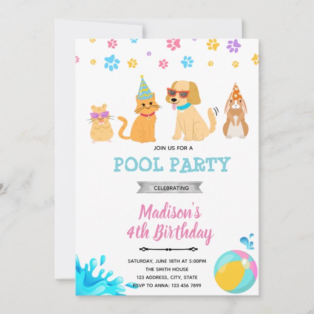 invitación a la fiesta de la piscina de mascotas b (Anverso)
