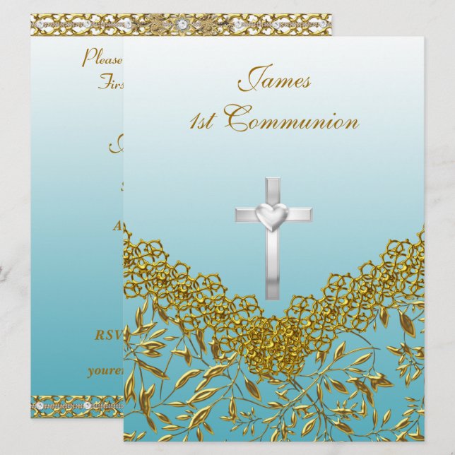 Invitación a la fiesta de la Primera Comunión azul (Anverso / Reverso)