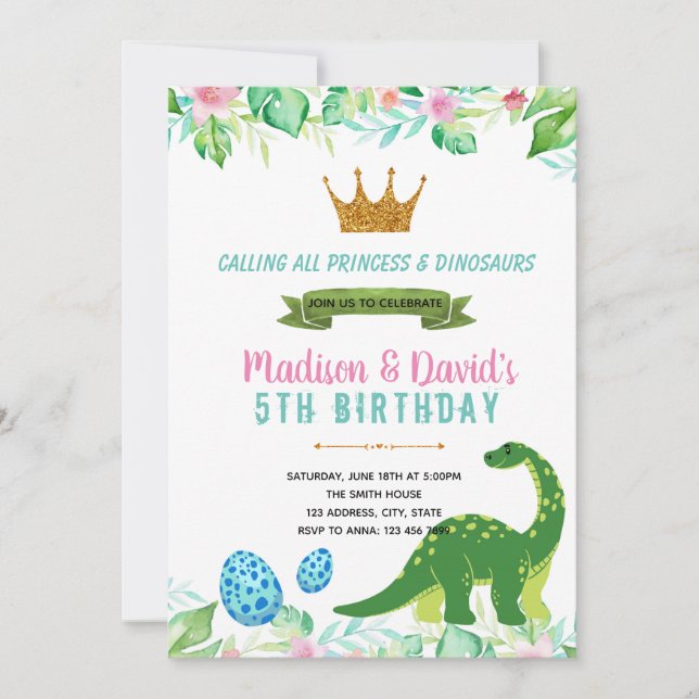 Invitación a la fiesta de la princesa y los dinosa (Anverso)