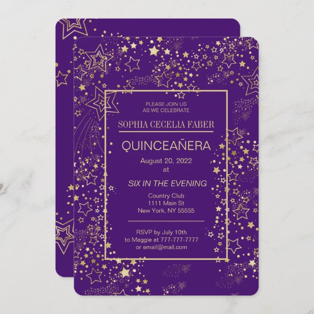 Invitación a la fiesta de la Quinceañera Real Púrp (Anverso / Reverso)