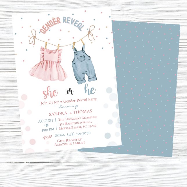 Invitación a la fiesta de la ropa de bebé revelada (Subido por el creador)