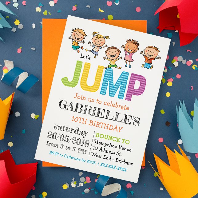 Invitación a la fiesta de la Trampolina de Cumplea (Fly through the air and land with our trampoline party invitation. )