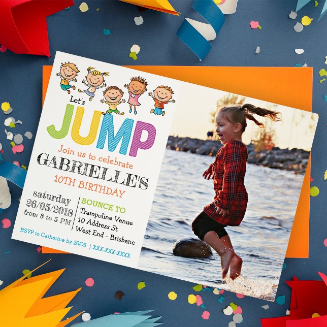 Invitación a la fiesta de la Trampolina de la foto (Jump into fun with our trampoline party! Bounce, laugh, and celebrate in the air!)