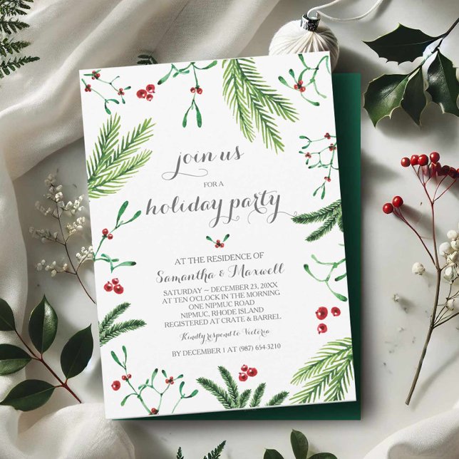 Invitación a la fiesta de la verde de los navidade (Holiday party invitations red and green botanicals)