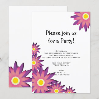 Invitación a la fiesta de las flores rosadas y mor