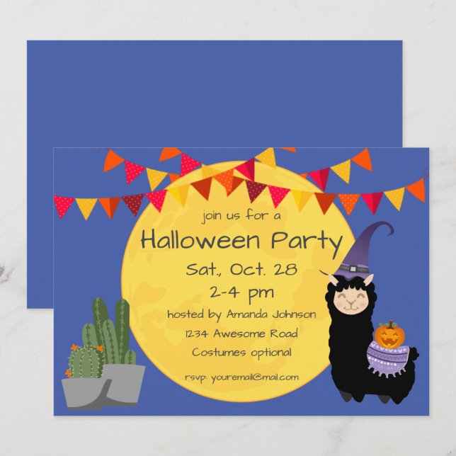 Invitación a la fiesta de Llama de Halloween (Anverso / Reverso)