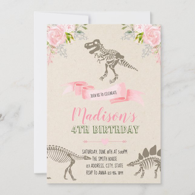Invitación a la fiesta de los dinosaurios Chicas (Anverso)