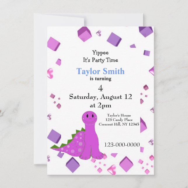 Invitación a la fiesta de los dinosaurios morados (Anverso)
