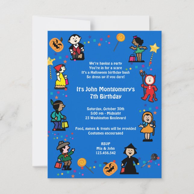 Invitación a la fiesta de los disfraces de cumplea (Anverso)